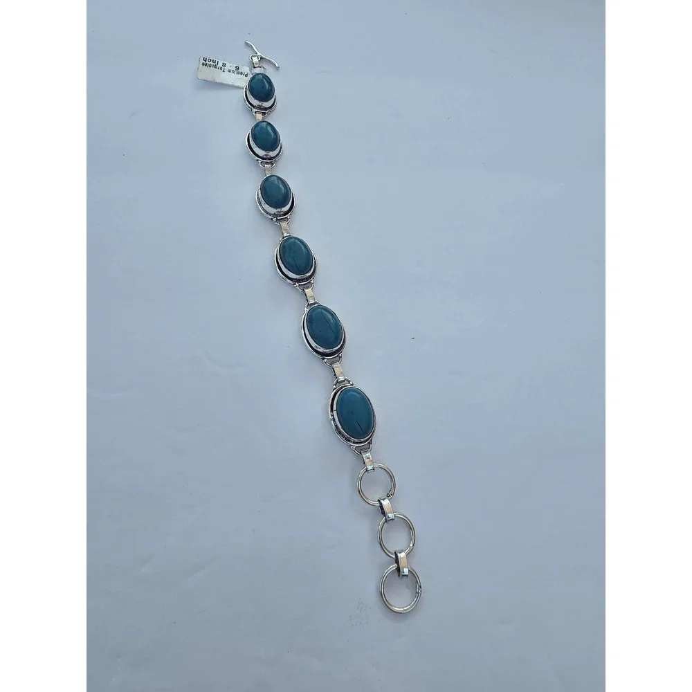Premium Turquoise Link Bracelet Silver Tone Oval Stone Adjustable 6-8 Inch